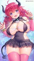 Rule 34 | 1girl, :d, ahoge, black skirt, breasts, covered navel, demon girl, demon horns, demon tail, fang, fingernails, hagino kouta, hair between eyes, hands up, highres, horns, huge breasts, looking at viewer, miniskirt, open mouth, original, pink thighhighs, pleated skirt, red hair, skindentation, skirt, smile, solo, standing, tail, thighhighs, twitter username, zettai ryouiki