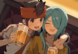 Rule 34 | 2boys, alcohol, alternate hairstyle, androgynous, aqua hair, arm over head, beer mug, booth seating, brown eyes, brown hair, closed eyes, cup, dot nose, dutch angle, ebi (shrimp eleven), endou mamoru, foam, hair down, hair over one eye, hair over shoulder, hairband, hand on another&#039;s shoulder, happy, holding, holding cup, hood, hood down, hoodie, inazuma eleven (series), indoors, kazemaru ichirouta, laughing, layered clothes, long hair, male focus, mug, multiple boys, on chair, open mouth, portrait, red hairband, red shirt, shirt, short hair, short sleeves, side-by-side, sitting, spiked hair, two-tone shirt, v-shaped eyebrows, white shirt, yellow hoodie