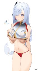 Rule 34 | 1girl, absurdres, bare shoulders, braid, breast curtains, breasts, cloud retainer (genshin impact), genshin impact, grey eyes, hair ornament, hand on own chest, highres, japanese clothes, large breasts, lordol, low-braided long hair, low-tied long hair, navel, no pants, panties, red panties, shenhe (genshin impact), silver hair, simple background, solo, sweat, sweatdrop, thighs, underboob, underwear, white background, xianyun (genshin impact)