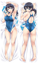 Rule 34 | 1girl, arm up, armpits, ass, back, backboob, bare shoulders, barefoot, bed sheet, black hair, blue eyes, blue one-piece swimsuit, blush, breasts, breasts out, cleavage, clothes pull, collarbone, commentary request, competition swimsuit, covered navel, dakimakura (medium), from above, full body, gluteal fold, groin, hair between eyes, hair ornament, highleg, highleg swimsuit, highres, kneepits, large breasts, long hair, looking at viewer, lying, mizuhara yuu, multiple views, nipples, on back, on stomach, one-piece swimsuit, one-piece swimsuit pull, open mouth, original, ponytail, pussy, pussy juice, skindentation, smile, swimsuit, thigh gap, thighs, whistle, whistle around neck