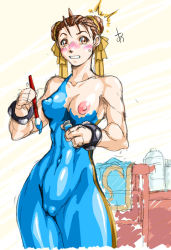 Rule 34 | 1girl, blush, bodypaint, breasts, capcom, chun-li, cleft of venus, false clothes, fat mons, medium breasts, naked paint, nipples, nude, paintbrush, painted clothes, painting (action), qkat (arikawa-dou), solo, street fighter, unitard