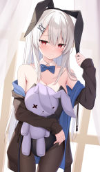 Rule 34 | 1girl, animal ears, bare shoulders, black hairband, black leotard, blue bow, blue bowtie, blush, bow, bowtie, breasts, brown jacket, brown pantyhose, cleavage, closed mouth, collarbone, cowboy shot, detached collar, fake animal ears, hair ornament, hairband, hairclip, highres, holding, holding stuffed toy, jacket, kamu (geeenius), leotard, long hair, long sleeves, looking at viewer, off shoulder, open clothes, open jacket, original, pantyhose, playboy bunny, rabbit ears, red eyes, smile, solo, stuffed animal, stuffed rabbit, stuffed toy, white hair