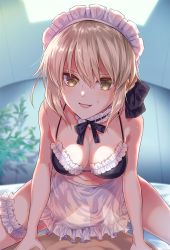 Rule 34 | 1boy, 1girl, :d, apron, artoria pendragon (all), artoria pendragon (alter swimsuit rider) (fate), artoria pendragon (alter swimsuit rider) (second ascension) (fate), artoria pendragon (fate), bikini, bikini top only, black bikini, blonde hair, breasts, bridal garter, chimple hotter, cleavage, clothed sex, collar, fate/grand order, fate (series), frilled bikini, frilled bikini top, frilled collar, frills, girl on top, hair ribbon, hetero, looking at viewer, maid, maid apron, maid bikini, maid headdress, medium breasts, open mouth, penis, pov, pov crotch, ribbon, saber alter, see-through, sex, short hair, smile, solo focus, straddling, sweat, swimsuit, unconventional maid, vaginal, waist apron, yellow eyes