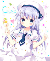 Rule 34 | 1girl, :o, beret, bitter crown, blue eyes, blue hair, blue necktie, blush, character name, collarbone, commentary request, fingernails, flower, food, gochuumon wa usagi desu ka?, hair between eyes, hands up, hat, heart, holding, holding food, kafuu chino, kafuu chino&#039;s school uniform, long hair, necktie, parted lips, popsicle, puffy short sleeves, puffy sleeves, school uniform, shirt, short necktie, short sleeves, skirt, solo, very long hair, white background, white flower, white hat, white shirt, white skirt