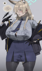 Rule 34 | 1girl, absurdres, afterimage, animal ears, black gloves, black jacket, black pantyhose, blonde hair, blue archive, blue eyes, blue necktie, blue shirt, blue skirt, blush, bra, bra peek, bra visible through clothes, breast pocket, breasts, clenched teeth, collared shirt, cowboy shot, gloves, green halo, halo, hand fan, hand on own hip, highres, huge breasts, jacket, kanna (blue archive), korean text, long hair, looking at viewer, mimyo, necktie, open clothes, open jacket, pantyhose, pencil skirt, pocket, pussy juice, pussy juice stain, pussy juice trail, sharp teeth, shirt, shirt tucked in, skirt, solo, speech bubble, spoken squiggle, squiggle, stray pubic hair, teeth, underwear, wet, wet clothes, wet shirt
