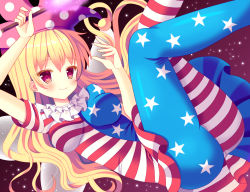 Rule 34 | 1girl, american flag dress, american flag legwear, ass, blonde hair, breasts, clownpiece, fairy wings, hat, hazakura satsuki, highres, jester cap, legs up, long hair, pantyhose, red eyes, smile, solo, striped clothes, striped pantyhose, torch, touhou, very long hair, wings