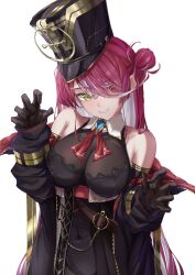 Rule 34 | 1girl, aleth, bare shoulders, black gloves, breasts, brooch, cleavage, closed eyes, colored inner hair, contrapposto, covered navel, cowboy shot, gloves, groping motion, hair bun, hair over one eye, hands up, hat, head tilt, heterochromia, highres, hololive, houshou marine, houshou marine (marching band), jewelry, large breasts, leotard, long hair, looking at viewer, multicolored hair, red eyes, red hair, see-through, see-through cleavage, simple background, smile, solo, swept bangs, two-tone hair, very long hair, virtual youtuber, white background, white hair, yellow eyes