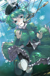 Rule 34 | 1girl, bad id, bad pixiv id, blue eyes, blue hair, boots, bubble, hair bobbles, hair ornament, hat, hichiko, jewelry, kawashiro nitori, key, matching hair/eyes, necklace, short hair, solo, touhou, twintails, two side up, underwater