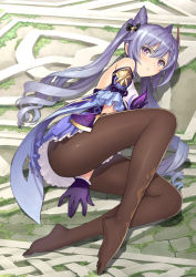 Rule 34 | 1girl, bare shoulders, blush, breasts, brown pantyhose, dress, frilled gloves, frills, genshin impact, gloves, hair ornament, keqing (genshin impact), legs, long hair, looking at viewer, lying, medium breasts, on side, pantyhose, parted lips, purple dress, purple eyes, purple gloves, purple hair, scan, shiny clothes, short dress, simple background, sleeveless, tony taka, twintails, white background