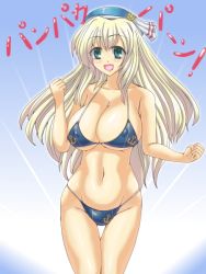 Rule 34 | 10s, 1girl, atago (kancolle), bikini, blonde hair, breasts, easily, covered erect nipples, green eyes, hat, kantai collection, large breasts, long hair, pan-pa-ka-paaan!, personification, solo, swimsuit, translated