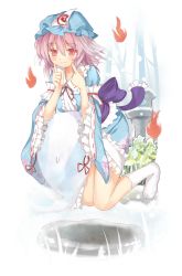Rule 34 | 1girl, breast rest, breasts, bush, dress, efe, finger to face, floating, garden, ghost, hands on own face, hat, hitodama, japanese clothes, leaning, looking at viewer, pink eyes, pink hair, red eyes, revision, ribbon, saigyouji yuyuko, short hair, smile, socks, solo, touhou, tree, triangular headpiece, white socks, wide sleeves