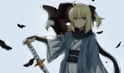 Rule 34 | 1girl, absurdres, bird, black feathers, black ribbon, black scarf, blonde hair, eagle, fate/grand order, fate (series), feathers, grey background, hair ribbon, highres, katana, koha-ace, makise minami, okita souji (fate), okita souji (koha-ace), ribbon, scarf, shinsengumi, short hair, simple background, solo, sword, weapon, yellow eyes
