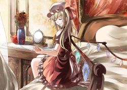 Rule 34 | 1girl, apple, bed, blonde hair, canopy bed, cup, dress, drinking glass, closed eyes, female focus, flandre scarlet, flower, food, foreshortening, fruit, hair ribbon, hat, mirror, on bed, open mouth, pillow, puffy sleeves, red dress, red flower, red rose, ribbon, risutaru, rose, sash, shirt, short sleeves, side ponytail, sitting, smile, solo, sparkle, touhou, vase, wings