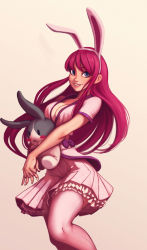 Rule 34 | 1girl, absurdres, animal ears, blush stickers, bow, breasts, character request, cleavage, copyright request, cropped legs, dress, hairband, highres, holding, leg up, long hair, looking at viewer, medium breasts, parted lips, pink dress, pink thighhighs, purple bow, purple eyes, rabbit, rabbit ears, raichiyo33, red hair, sepia background, short sleeves, simple background, smile, solo, stuffed animal, stuffed toy, thighhighs