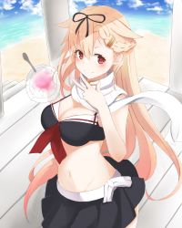 Rule 34 | 10s, 1girl, beach, bikini, bikini skirt, blonde hair, blush, breasts, cleavage, day, food, hair flaps, kantai collection, large breasts, long hair, looking at viewer, maosame, messy hair, midriff, ocean, red eyes, scarf, shaved ice, smile, solo, swimsuit, v, very long hair, yuudachi (kancolle), yuudachi kai ni (kancolle)