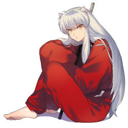 Rule 34 | 1boy, barefoot, dog ears, from side, full body, hasegawa (yonbunnoichi), inuyasha, inuyasha (character), long hair, male focus, pants, red pants, silver hair, sitting, slit pupils, solo, tessaiga, very long hair, yellow eyes