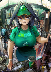 Rule 34 | 1girl, :d, absurdres, alternate costume, apron, black hair, blue eyes, breasts, commentary, cup, disposable cup, english commentary, food, green apron, green shirt, hair intakes, highres, hololive, hololive english, indoors, large breasts, looking at viewer, menu board, open mouth, ouro kronii, parted lips, revision, sandwich, shirt, short hair, smile, solo, subway (company), tray, uniform, virtual youtuber, visor cap, vyragami