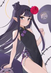 Rule 34 | 1girl, absurdres, black dress, breasts, commentary, dress, english commentary, highres, hololive, hololive english, long hair, looking at viewer, magui3, mole, mole under eye, nail polish, ninomae ina&#039;nis, pointy ears, purple eyes, purple hair, purple nails, sidelocks, sleeveless, sleeveless dress, small breasts, takodachi (ninomae ina&#039;nis), very long hair, virtual youtuber
