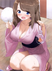 Rule 34 | 1girl, absurdres, artist request, asymmetrical bangs, bare legs, blue eyes, blue sash, blush, breasts, brown hair, cleavage, collarbone, cotton candy, covered erect nipples, dengeki moeou, fish, goldfish, highres, holding, japanese clothes, kaisen chuui, kimono, large breasts, long hair, magazine scan, no bra, no panties, obi, open mouth, original, outdoors, pink footwear, pink kimono, ponytail, sandals, sash, scan, solo, squatting, sweat, tongue, v-shaped eyebrows