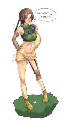 Rule 34 | 1990s (style), 1girl, ankle boots, asymmetrical gloves, blush, boots, breasts, brown hair, covered erect nipples, crop top, english text, final fantasy, final fantasy vii, full body, garter straps, gloves, hands on own hips, headband, heart, heart-shaped pupils, highres, john doe (jdart), leg warmers, lips, medium breasts, midriff, mismatched gloves, navel, no panties, nose, open fly, pussy juice, pussy juice puddle, remote control vibrator, retro artstyle, see-through, see-through legwear, sex toy, short hair, short shorts, shorts, shoulder pads, single thighhigh, sleeveless, sleeveless turtleneck, solo, speech bubble, sweat, symbol-shaped pupils, thighhighs, turtleneck, twitching, unzipped, vibrator, yuffie kisaragi