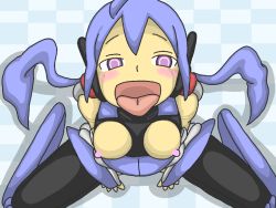 Rule 34 | begging, blue hair, breasts, breasts out, cherry poi, mecha, mekako, open mouth, robot