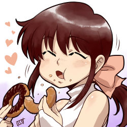 Rule 34 | 1girl, :t, ^ ^, blush, bow, brown hair, closed eyes, copyright request, doughnut, eating, closed eyes, facing viewer, fang, food, hair bow, hands up, heart, highres, holding, holding food, itou yuuji, open mouth, pink bow, ponytail, signature, smile, upper body