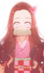 Rule 34 | 1girl, bad id, bad pixiv id, brown hair, commentary request, forehead, hair ribbon, highres, japanese clothes, kamado nezuko, kimetsu no yaiba, kimono, light brown hair, long hair, looking at viewer, mouth hold, multicolored hair, open clothes, parted bangs, pink eyes, pink kimono, pink ribbon, ribbon, signature, simple background, sofra, solo, two-tone hair, upper body, very long hair, white background