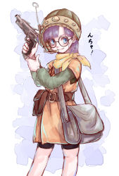 Rule 34 | 1990s (style), 1girl, bag, belt buckle, belt pouch, black-framed eyewear, black shorts, buckle, chrono (series), chrono trigger, closed mouth, eyelashes, finger on trigger, glasses, gun, handgun, helmet, highres, holding, holding gun, holding weapon, hoshibuchi, layered sleeves, legs apart, long sleeves, looking at viewer, lucca ashtear, microphone, pouch, purple hair, radio antenna, retro artstyle, round eyewear, scarf, short over long sleeves, short sleeves, shorts, shoulder bag, smile, solo, square enix, standing, translation request, weapon, yellow scarf