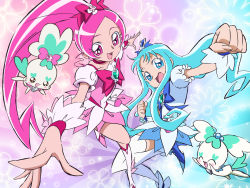 Rule 34 | 10s, 2girls, blue skirt, boots, bow, brooch, chypre (heartcatch precure!), clenched hand, coffret (heartcatch precure!), cure blossom, cure marine, eyelashes, floral background, flower, hanasaki tsubomi, heart, heart brooch, heartcatch precure!, highres, jewelry, knee boots, kurumi erika, looking at viewer, multicolored background, multiple girls, official art, official wallpaper, pink bow, precure, skirt, smile, thighhighs, umakoshi yoshihiko, wallpaper