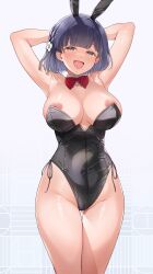 1girl :d alternate_costume animal_ear_hairband animal_ears armpits arms_behind_head arms_up bare_shoulders black_leotard blue_background blue_eyes blush bow bowtie breasts cleavage covered_navel detached_collar fake_animal_ears flower gakuen_idolmaster gluteal_fold gradient_background grey_hair hair_flower hair_ornament hairband hataya_misuzu highleg highleg_leotard highres idolmaster large_breasts leotard looking_at_viewer mk_(mod0) mole mole_under_mouth nipple_slip nipples open_mouth playboy_bunny presenting_armpit rabbit_ear_hairband rabbit_ears red_bow red_bowtie shiny_skin short_hair smile solo standing strapless strapless_leotard thigh_gap variant_set