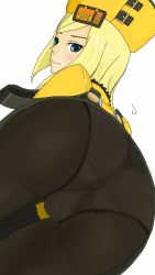 Rule 34 | 1girl, arc system works, artist request, ass, blonde hair, blue eyes, blush, embarrassed, from behind, fur hat, guilty gear, guilty gear xrd, hat, highres, long hair, looking at viewer, looking back, millia rage, panties, panties under pantyhose, pantyhose, simple background, solo, underwear, upskirt, ushanka, white background