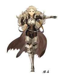 Rule 34 | 1girl, armor, belt, blonde hair, breastplate, cape, dated, geolim, gloves, greaves, long hair, original, scabbard, sheath, simple background, solo, strap, sword, vambraces, weapon, white background, yellow eyes