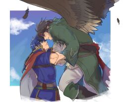 Rule 34 | 2boys, arm grab, bara, black hair, brown hair, brown wings, couple, cropped torso, eye contact, feather necklace, feathered wings, fire emblem, fire emblem: path of radiance, flying, hand on another&#039;s waist, headband, highres, ike (fire emblem), interracial, jewelry, kamabokozin, large pectorals, looking at another, male focus, mature male, multiple boys, muscular, muscular male, necklace, nintendo, pectorals, pointy ears, short hair, smile, spread wings, tibarn (fire emblem), wings, yaoi, yellow eyes