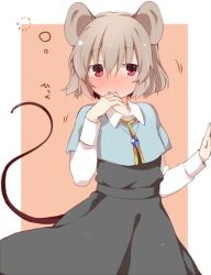 Rule 34 | 1girl, akagashi hagane, animal ears, bad id, bad pixiv id, blush, border, capelet, drunk, grey hair, jewelry, long sleeves, looking at viewer, mouse ears, mouse tail, nazrin, necklace, red eyes, shirt, short hair, simple background, skirt, skirt set, solo, squeans, tail, touhou, vest