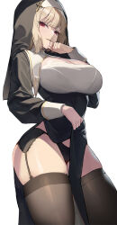 Rule 34 | 1girl, black panties, black thighhighs, blonde hair, breasts, cleavage, commentary request, garter straps, large breasts, long sleeves, looking at viewer, naad, nun, open mouth, original, panties, red eyes, short hair, simple background, smile, solo, standing, thighhighs, thighs, underwear, white background