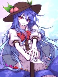 Rule 34 | 1girl, black hat, blouse, blue hair, blue nails, blue skirt, blush, bow, bowtie, center frills, colored eyelashes, commentary request, cowboy shot, eyes visible through hair, food, frills, fruit, hair between eyes, hat, head tilt, highres, hinanawi tenshi, leaf, long hair, looking at viewer, miata (miata8674), nail polish, peach, petticoat, planted, planted sword, planted weapon, puffy short sleeves, puffy sleeves, red bow, red bowtie, red eyes, shirt, short sleeves, sidelocks, skirt, smile, solo, standing, sword, sword of hisou, touhou, very long hair, weapon, white shirt
