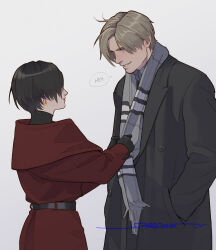 1boy 1girl ada_wong alternate_costume artist_name belt black_coat black_gloves black_hair black_sweater blonde_hair casual coat collared_shirt earrings from_side gloves gold_earrings grey_background grey_scarf grey_shirt hands_in_pockets height_difference jewelry leon_s._kennedy long_sleeves looking_at_another parted_lips profile red_coat resident_evil sardine_(kjr0313) scarf shirt short_hair smile sweater turtleneck turtleneck_sweater upper_body