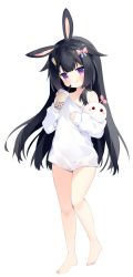 Rule 34 | 1girl, :p, animal ears, barefoot, black hair, bow, rabbit ears, cup, drinking straw, feet, full body, hair bow, hair ornament, hairclip, hand on own chest, highres, legs, long hair, no pants, off shoulder, original, pink eyes, ribbon, shirt, simple background, smile, solo, stuffed toy, thighs, toes, tongue, tongue out, tsukimi (xiaohuasan), white background, white shirt