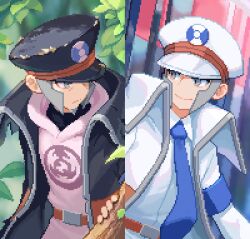 Rule 34 | 2boys, armband, belt, belt buckle, black coat, black headwear, blue necktie, brothers, brown belt, buckle, closed mouth, coat, collared shirt, commentary request, creatures (company), emmet (pokemon), facial hair, game freak, grey eyes, grey hair, hat, high collar, highres, ingo (pokemon), korean commentary, leaf, looking to the side, male focus, multiple boys, necktie, nintendo, open clothes, open coat, pearl clan outfit, pixel art, pokemon, pokemon bw, pokemon legends: arceus, seku 000, shirt, short hair, siblings, sideburns, torn clothes, torn coat, white coat, white headwear, white shirt