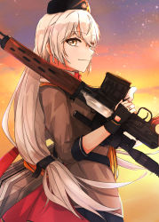 Rule 34 | 1girl, absurdres, assault rifle, belt, black gloves, black hat, brown jacket, closed mouth, dragunov svd, fingerless gloves, girls&#039; frontline, gloves, grey eyes, gun, hair ribbon, hat, highres, holding, holding weapon, jacket, jewelry, long hair, looking at viewer, military, military hat, military uniform, muteppona hito, over shoulder, profile, ribbon, rifle, ring, silver hair, smile, sniper rifle, solo, standing, svd (girls&#039; frontline), uniform, weapon, weapon case, weapon over shoulder