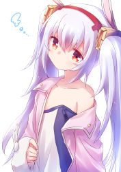 Rule 34 | 1girl, absurdres, animal ears, azur lane, bare shoulders, camisole, closed mouth, collarbone, commentary request, fur-trimmed sleeves, fur trim, hair between eyes, hair ornament, hairband, highres, jacket, laffey (azur lane), long hair, long sleeves, nyaa (nnekoron), off shoulder, open clothes, open jacket, pink jacket, rabbit ears, red eyes, red hairband, silver hair, simple background, sleeves past wrists, solo, twintails, upper body, very long hair, white background, white camisole