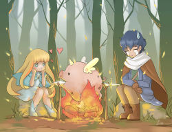 Rule 34 | * *, + +, 1boy, 1girl, blonde hair, blue eyes, blue footwear, blue hair, blunt bangs, blush, bonfire, brown cape, brown footwear, campfire, cape, cooking, crying, dress, fire, forest, gloves, heart, horns, knees together feet apart, long hair, nature, original, outdoors, pig, pixiv fantasia, pixiv fantasia fallen kings, roasting, scarf, short hair, single horn, sitting, smile, streaming tears, sweatdrop, sword, symbol-shaped pupils, tears, tree, weapon, winged pig, wings, x x