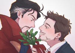 Rule 34 | 2boys, animification, antenna hair, black hair, black jacket, blue shirt, blush, bow, brown eyes, brown hair, cloak, collared shirt, doctor strange, facial hair, formal, grey hair, half-closed eyes, hand up, highres, holding, jacket, looking at another, male focus, marvel, marvel cinematic universe, mixed-language commentary, multicolored hair, multiple boys, necktie, red bow, red cloak, red necktie, shirt, short hair, simple background, smile, suit, teeth, tony stark, two-tone hair, upper body, white background, white shirt, wodeyongheng, yaoi
