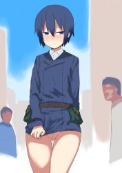 Rule 34 | 00s, artist request, ass, belt, black hair, blue eyes, blush, bottomless, city, dress shirt, exhibitionism, formal, highres, kino (kino no tabi), kino no tabi, pouch, public indecency, pussy, pussy juice, shirt, short hair, suit, sweat, tomboy, uncensored
