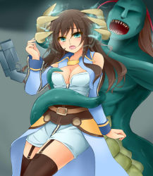 Rule 34 | 1girl, alternate color, alternate costume, alternate hair color, aose saratoga, blush, breasts, brown hair, claws, detached sleeves, dress, garter straps, green eyes, gun, long hair, maria traydor, monster, open mouth, restrained, sharp teeth, short dress, star ocean, star ocean till the end of time, teeth, thighhighs, waist cape, weapon