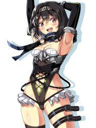 Rule 34 | 1girl, alternate costume, arm behind head, armpits, arms up, azur lane, black hair, black leotard, breasts, cleavage, clothes writing, cooper (azur lane), groin, headband, highleg, highleg leotard, highres, leotard, looking at viewer, macaroni hourensou, navel, open mouth, purple eyes, short hair, silhouette, small breasts, smile, solo, standing, strapless, strapless leotard, thigh strap