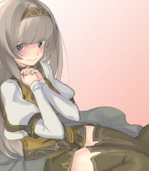 Rule 34 | 1girl, alicia (valkyrie profile 2), blue eyes, boots, brown hair, hairband, knees together feet apart, long hair, naso4, own hands clasped, own hands together, sitting, skirt, smile, solo, thigh boots, thighhighs, valkyrie profile (series), valkyrie profile 2: silmeria, zettai ryouiki