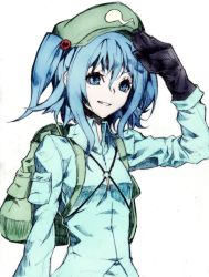 Rule 34 | 1girl, backpack, bag, colorized, derivative work, gloves, hair bobbles, hair ornament, hat, kawashiro nitori, key, monochrome, salute, scottie (phantom2), short hair, smile, solo, touhou, twintails, two side up