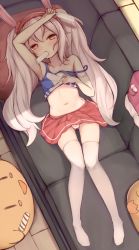 Rule 34 | 1girl, animal ears, arm up, armpits, azur lane, character doll, collarbone, commentary request, couch, fake animal ears, food, from above, gluteal fold, hair between eyes, hairband, head tilt, highres, holding, irokari, laffey (azur lane), long hair, looking at viewer, looking up, lying, manjuu (azur lane), midriff, mouth hold, navel, panties, pantyshot, popsicle, rabbit ears, red eyes, red skirt, sidelocks, skirt, solo, striped clothes, striped panties, stuffed animal, stuffed toy, sweat, thighhighs, thighs, twintails, underwear, undressing, white hair, white thighhighs, zettai ryouiki