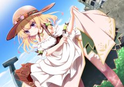 Rule 34 | 1girl, blonde hair, brown neckwear, brown thighhighs, day, dress, flower knight girl, hat, leaning forward, long hair, looking at viewer, maronie (flower knight girl), mizunashi (second run), outdoors, purple eyes, skirt hold, sky, smile, solo, standing, sun hat, thighhighs, white dress
